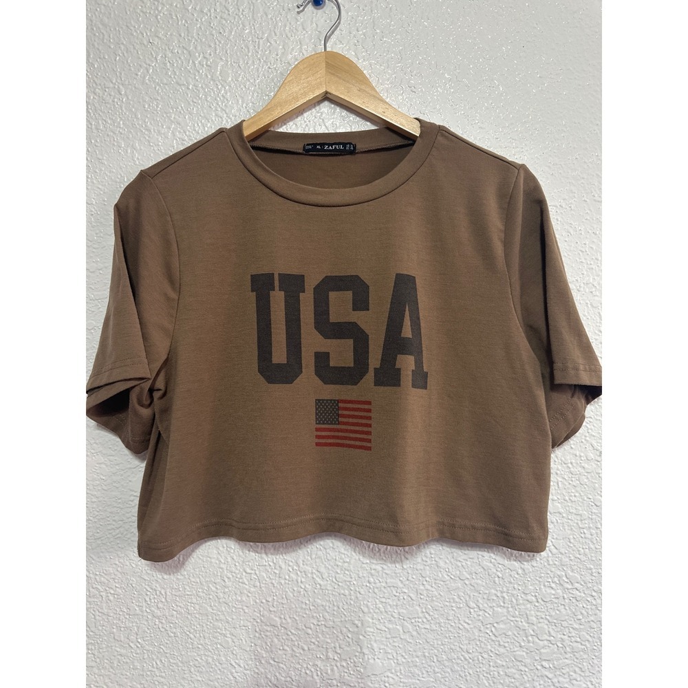 Zaful USA American Flag Graphic Crop Top Brown Girls Kids Size XL